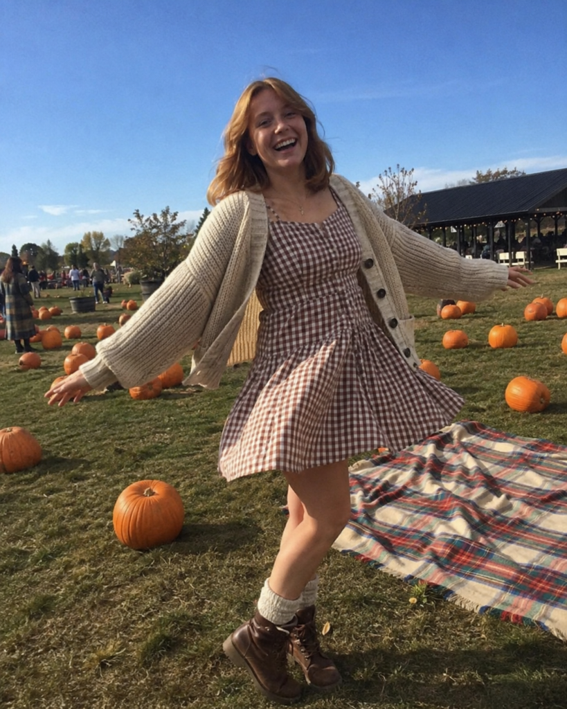 Gingham dress and chunky cardigan pumpkin patch outfit
