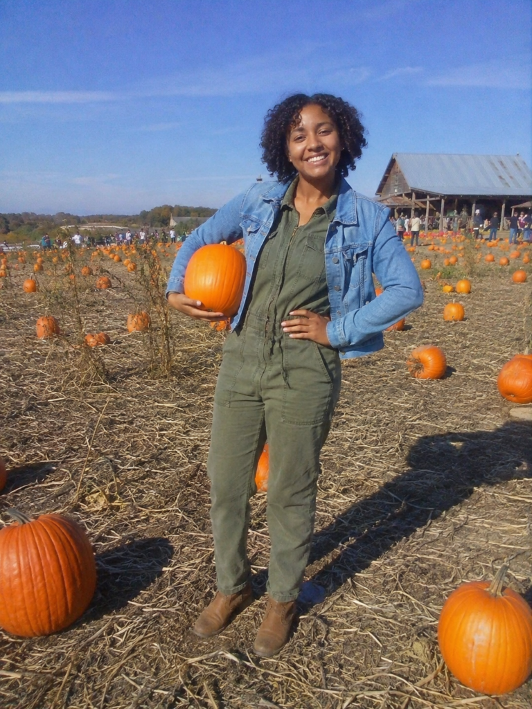 Olive utility jumpsuit and denim jacket pumpkin patch outfit