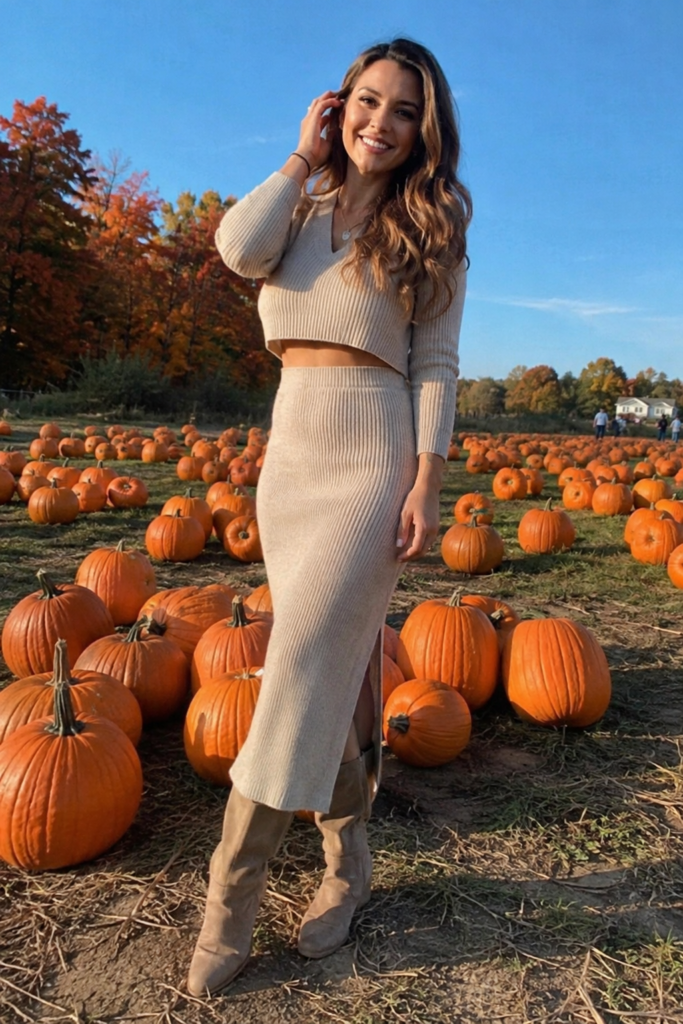 Matching oatmeal knit top and skirt set pumpkin patch outfit