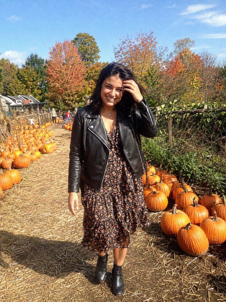 Floral dress with black leather jacket pumpkin patch outfit