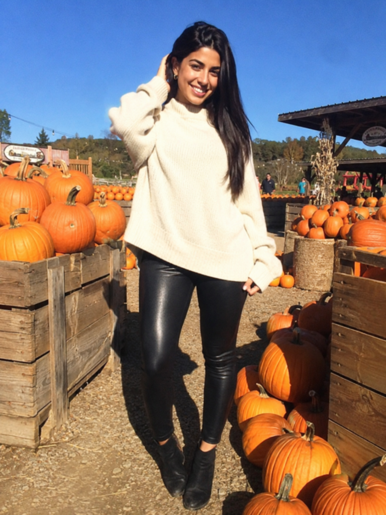 Faux leather leggings and oversized cream sweater pumpkin patch outfit