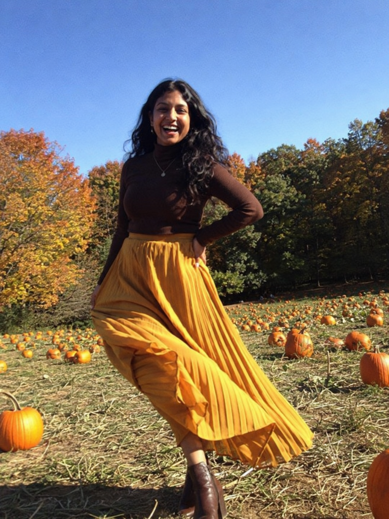 Mustard pleated maxi skirt and brown turtleneck pumpkin patch outfit