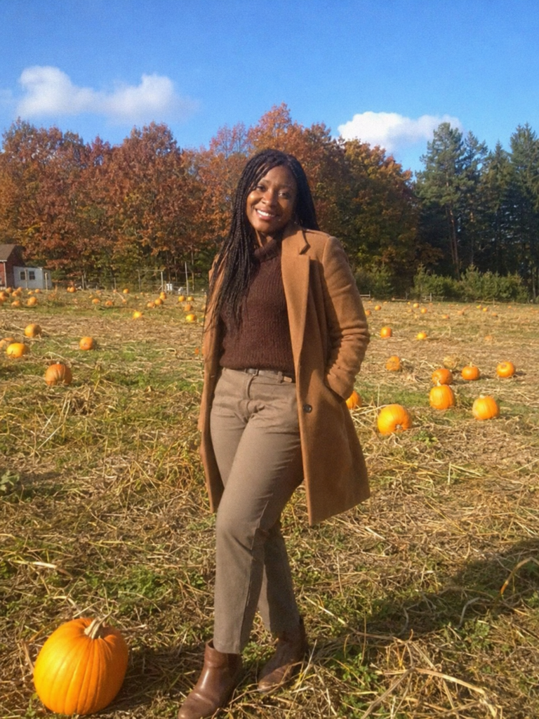 Head-to-toe brown fall pumpkin patch outfit