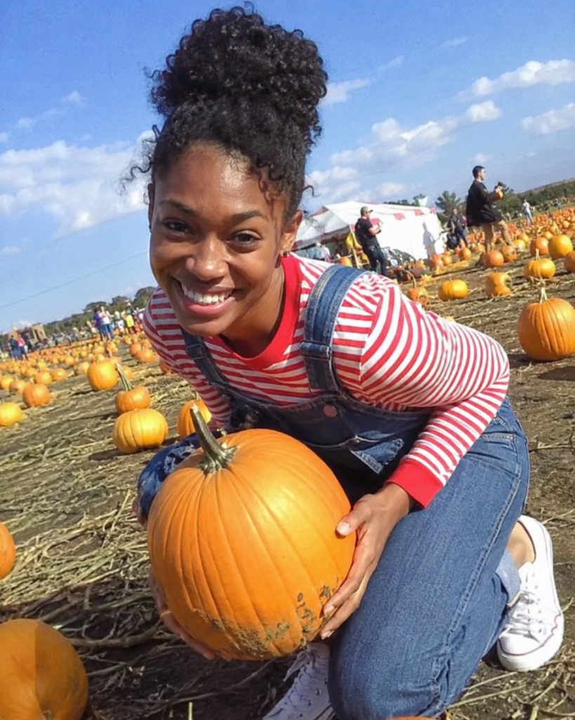 Denim overalls and striped top pumpkin patch outfit