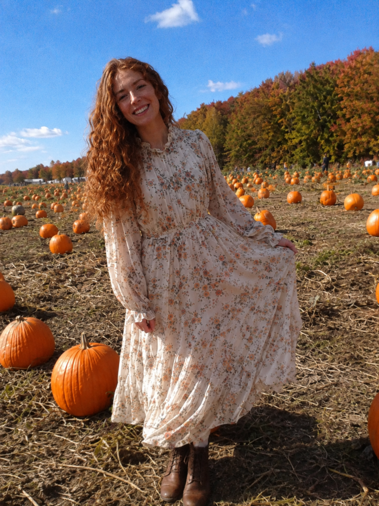 Long floral prairie dress and brown boots pumpkin patch outfit