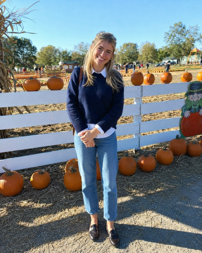 Preppy navy sweater and collared shirt pumpkin patch outfit