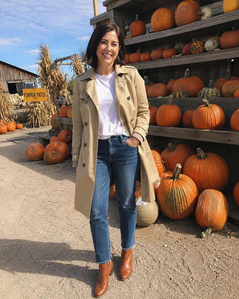 Beige trench coat over jeans and tee pumpkin patch outfit