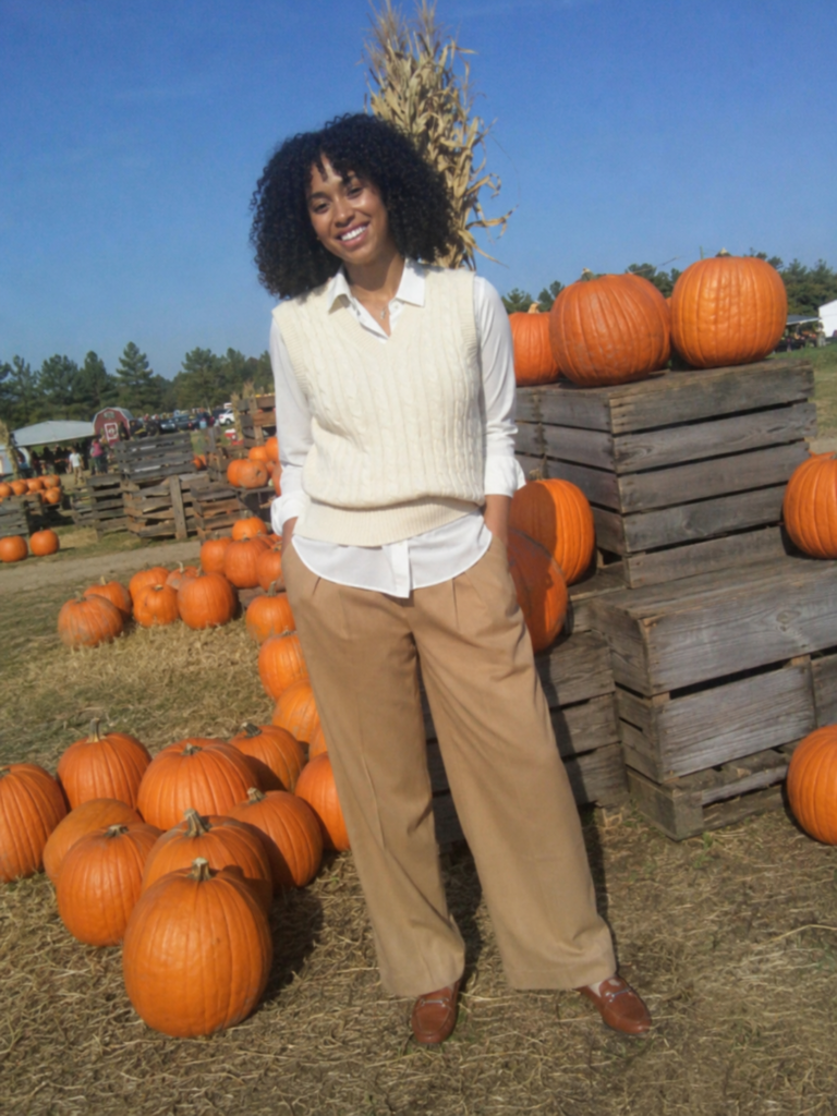 Camel wide-leg trousers and cable knit vest pumpkin patch outfit
