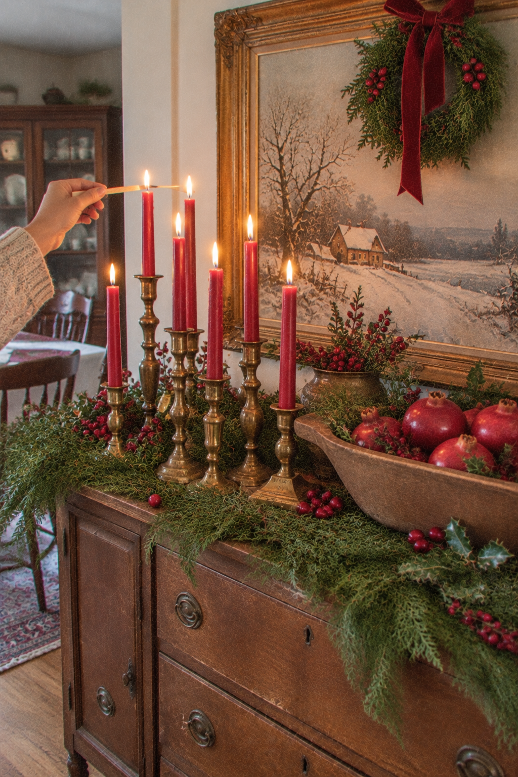 Mismatched antique brass candlesticks holding red taper candles on a Christmas sideboard with greenery and pomegranates