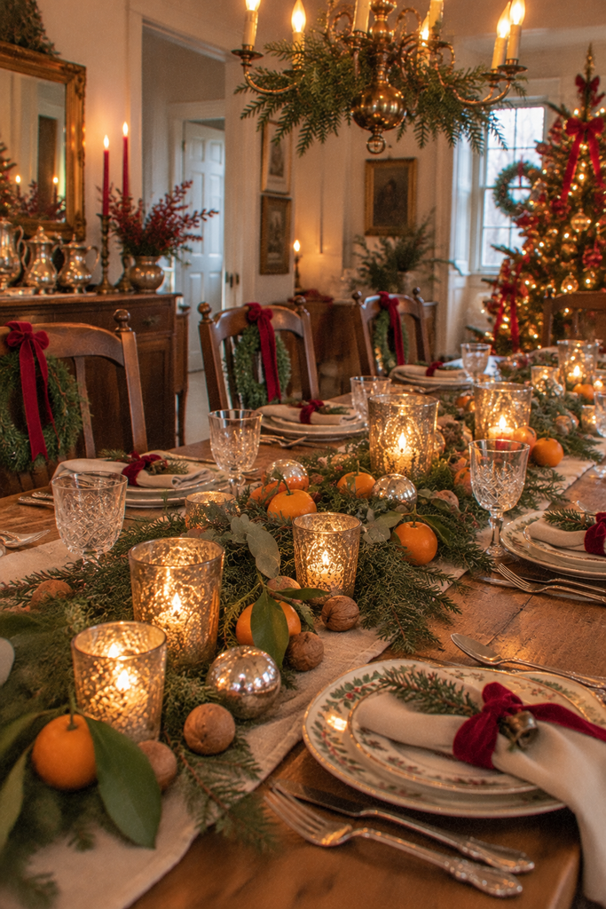 Silver mercury glass votive candle holders arranged with evergreen branches and vintage Christmas decorations on a dining table