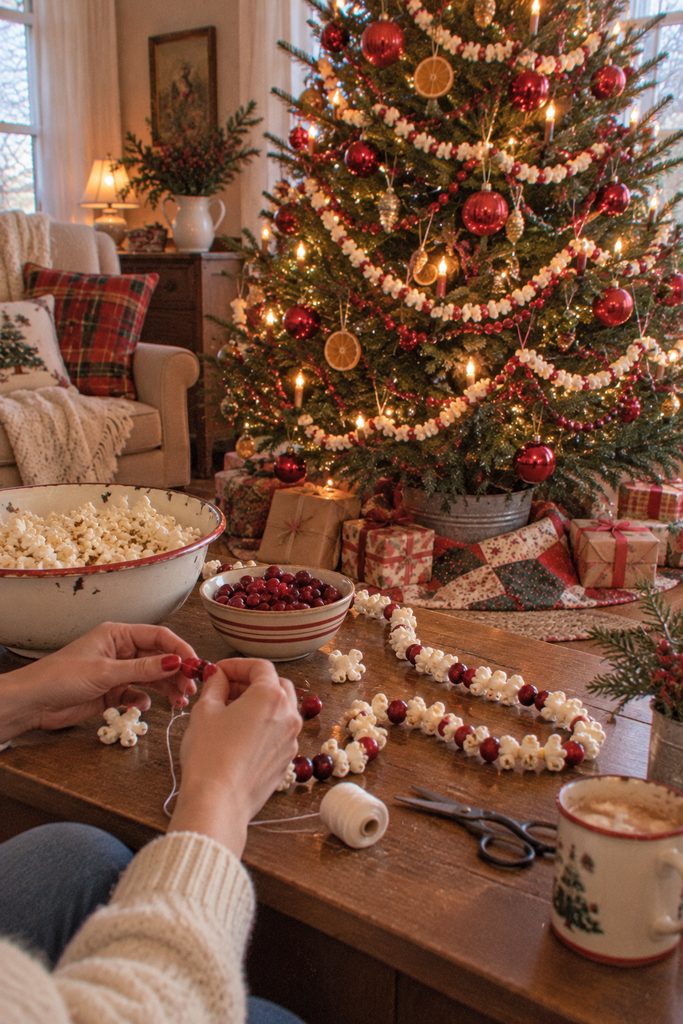 Homemade popcorn and cranberry garland on a traditional Christmas tree with supplies arranged on a nearby table