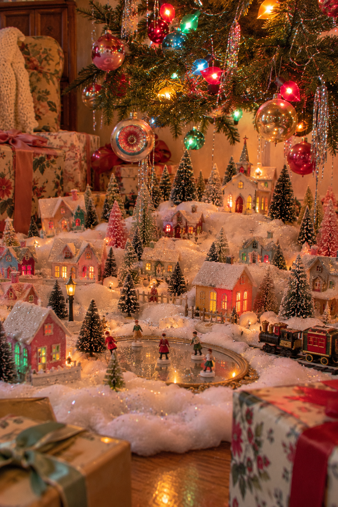 Vintage Christmas village with glittered cardboard Putz houses, bottle brush trees, and cotton snow beneath a Christmas tree