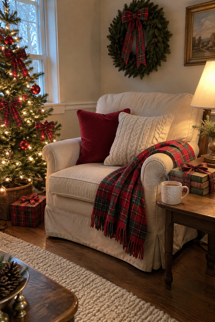 Cozy Christmas living room decorated with matching red and green tartan plaid throws, ribbons, and festive pillows
