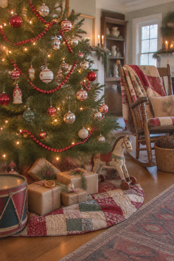 Vintage red and green patchwork quilt used as a Christmas tree skirt beneath a decorated farmhouse Christmas tree