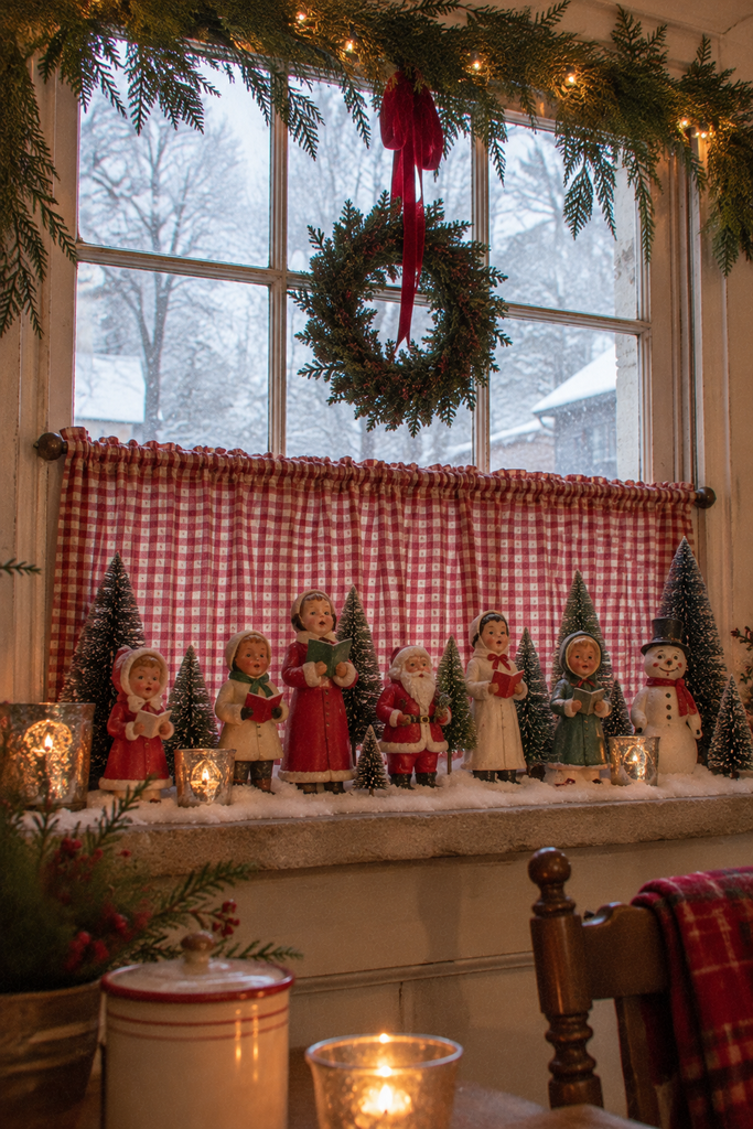 Vintage Gurley Christmas candles shaped like carolers and Santa displayed on a snowy windowsill with bottle brush trees