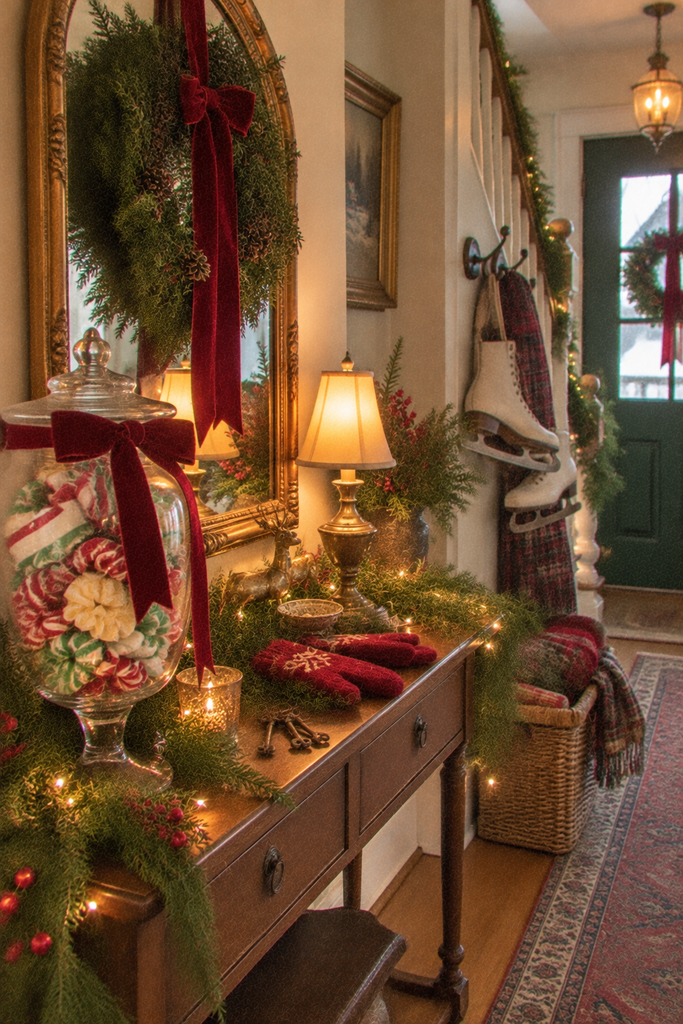 Colorful old-fashioned ribbon candy displayed in a glass apothecary jar on a vintage Christmas entryway table