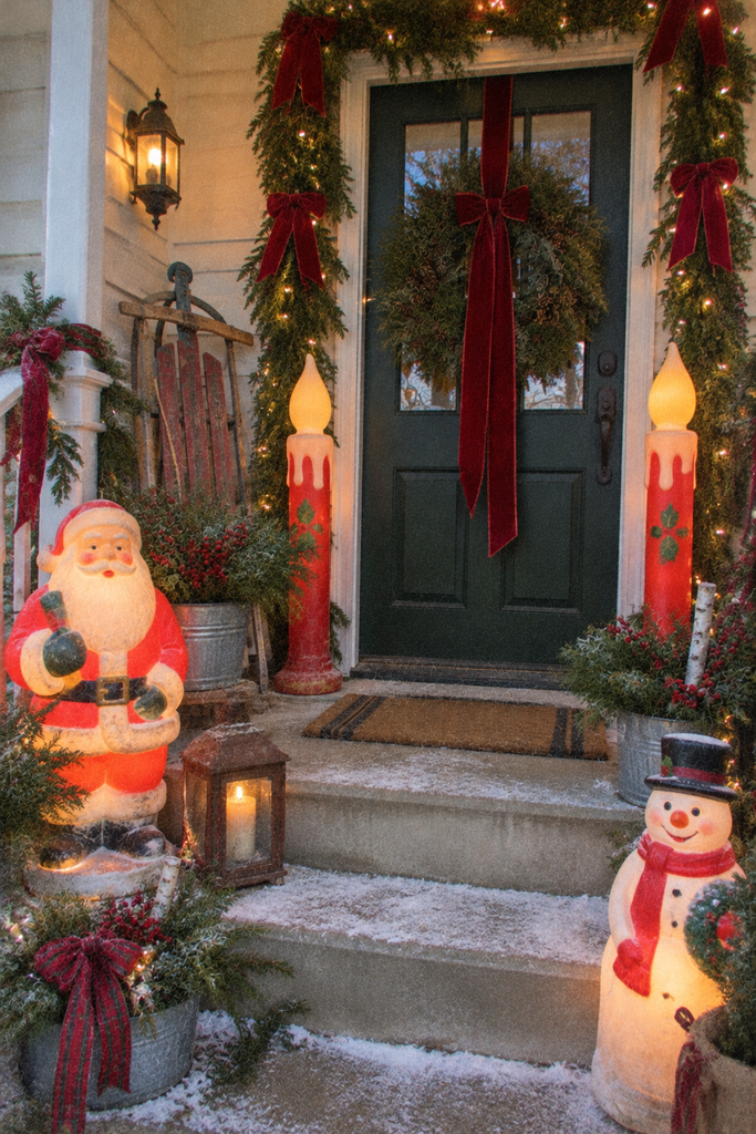 Vintage light-up Christmas blow molds featuring Santa, a snowman, and red candles on a decorated front porch