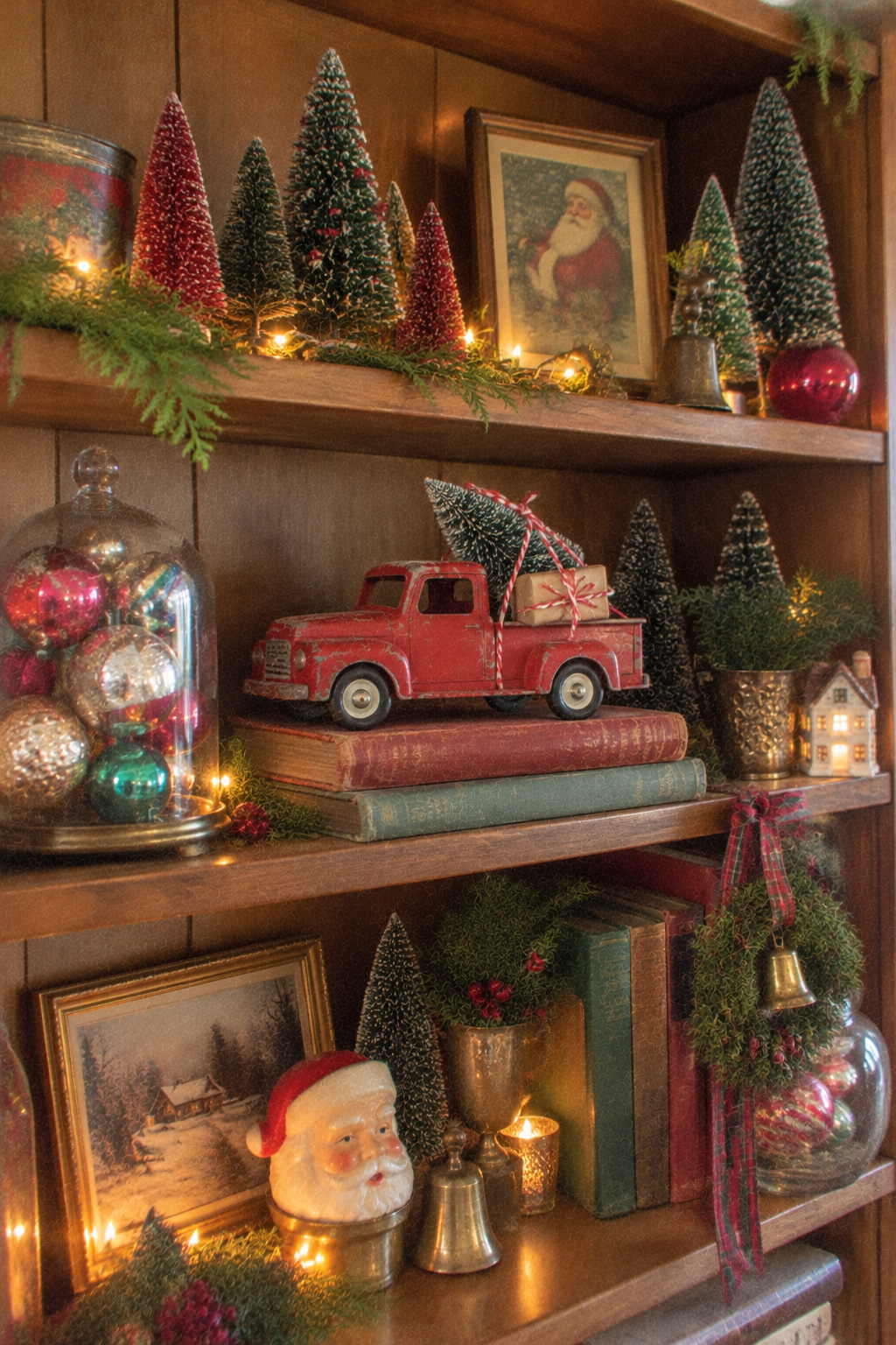 Vintage red metal toy Christmas truck carrying a miniature bottle brush tree on a bookshelf with holiday decorations