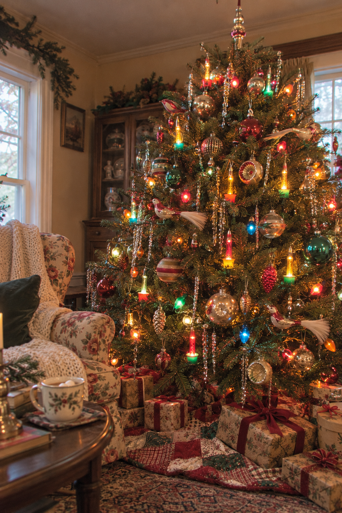 Vintage Christmas tree decorated with colorful bubble lights, glass ornaments, and silver tinsel