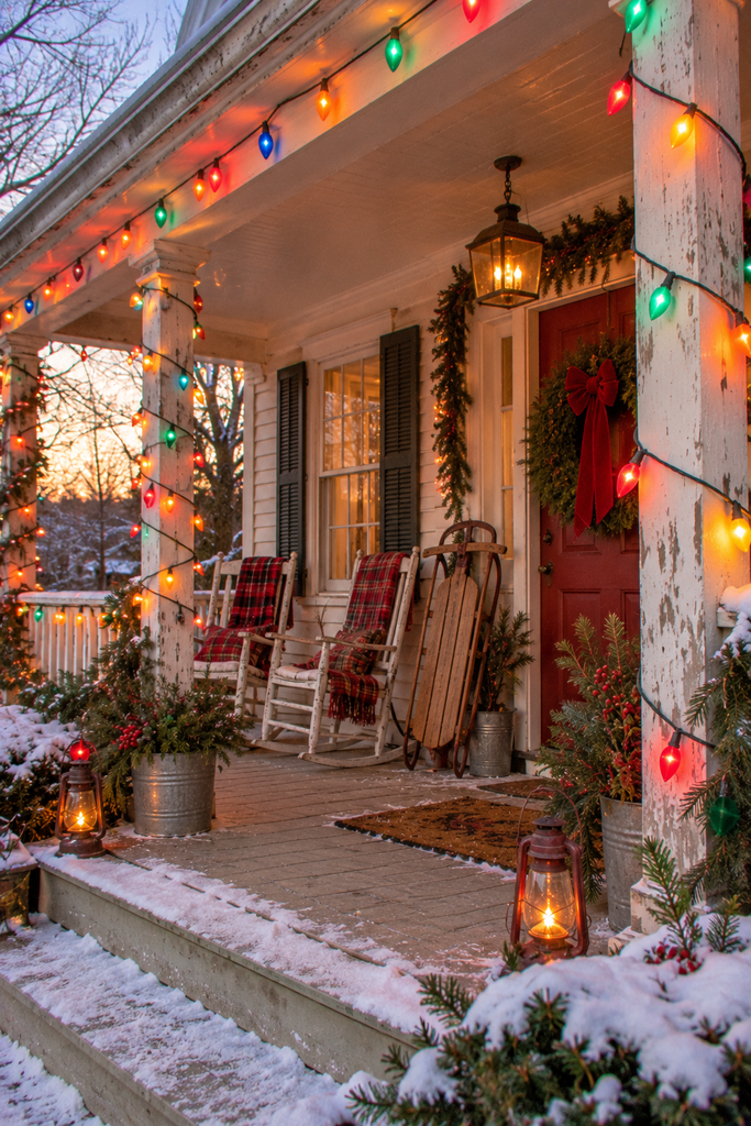 Farmhouse Christmas porch decorated with oversized multicolor C9 lights, evergreen wreath, and vintage wooden sled