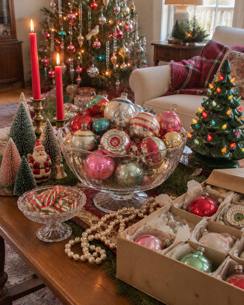 Vintage Christmas decorations displayed on a wooden coffee table with colorful Shiny Brite ornaments, pastel bottle brush trees, ceramic Christmas tree, and antique holiday decor.