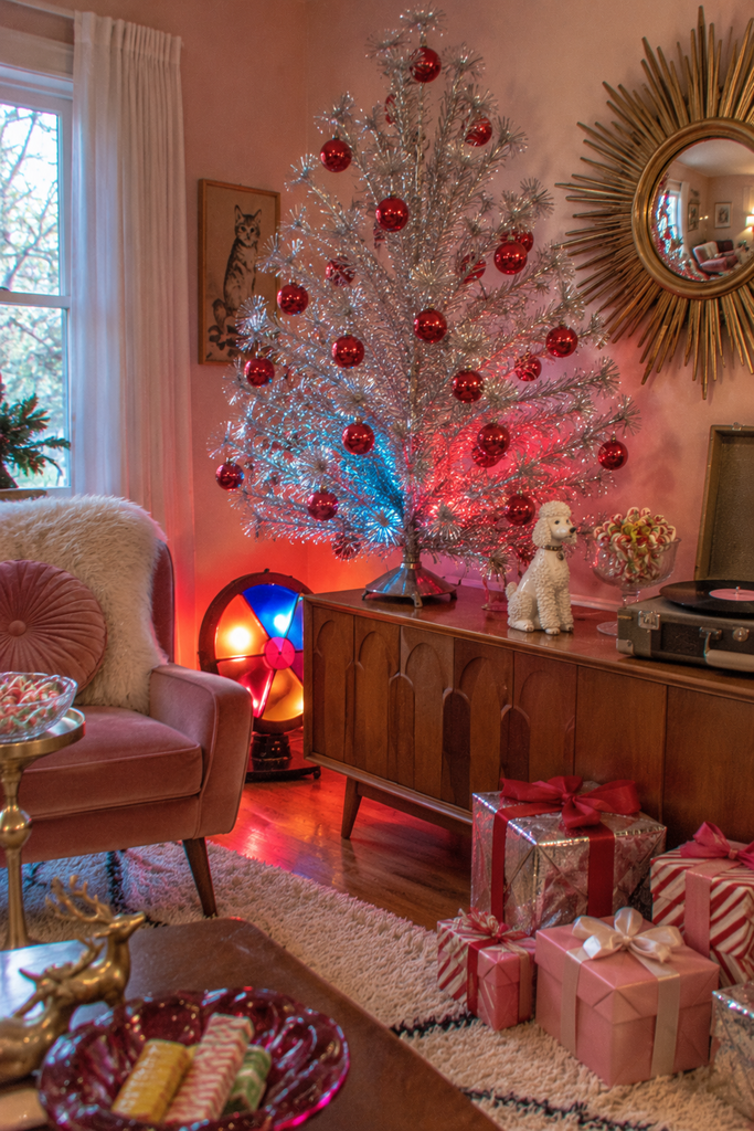 Silver aluminum Christmas tree with red glass ornaments and a rotating color wheel in a retro living room