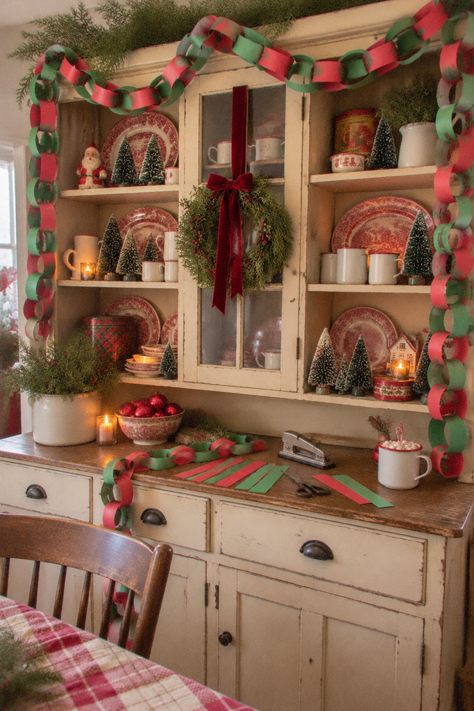 Handmade red and green paper chain Christmas garland draped across a farmhouse kitchen hutch with vintage holiday decorations