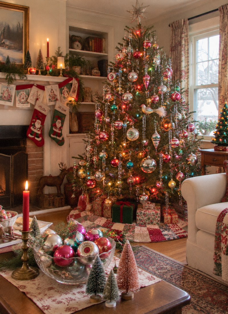 Cozy vintage Christmas living room with a decorated tree, Shiny Brite glass ornaments, silver tinsel, ceramic Christmas tree, and nostalgic holiday decorations.