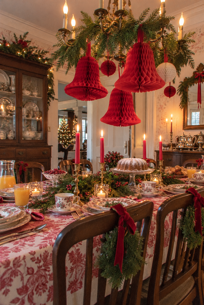 Red paper honeycomb Christmas bells hanging above a festive dining table decorated with greenery and vintage dishes