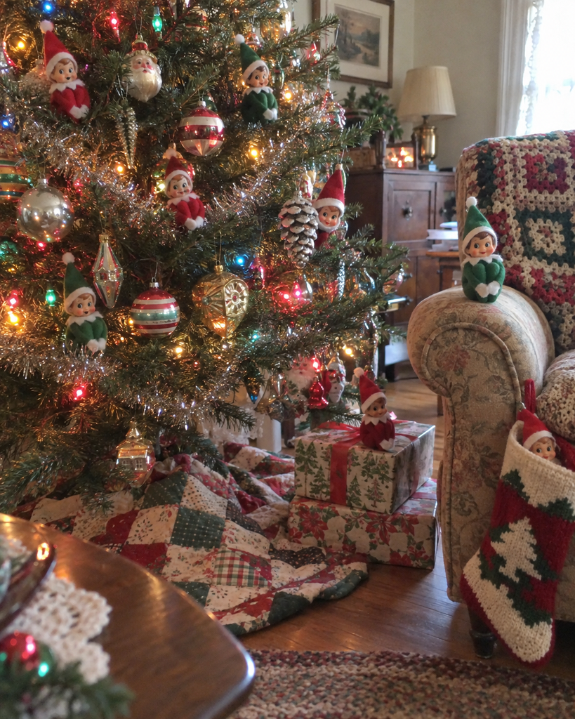 Vintage knee-hugger Christmas elves tucked among tree branches, wrapped presents, and colorful glass ornaments