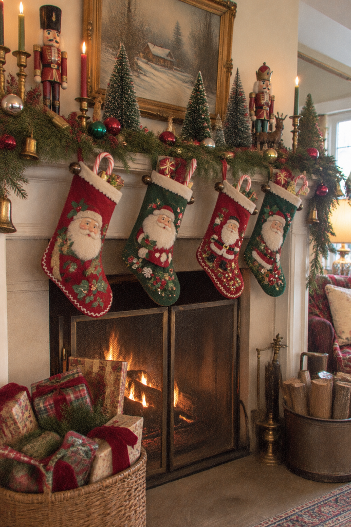 Handmade-style felt Christmas stockings with sequin Santa designs hanging from a decorated fireplace mantel