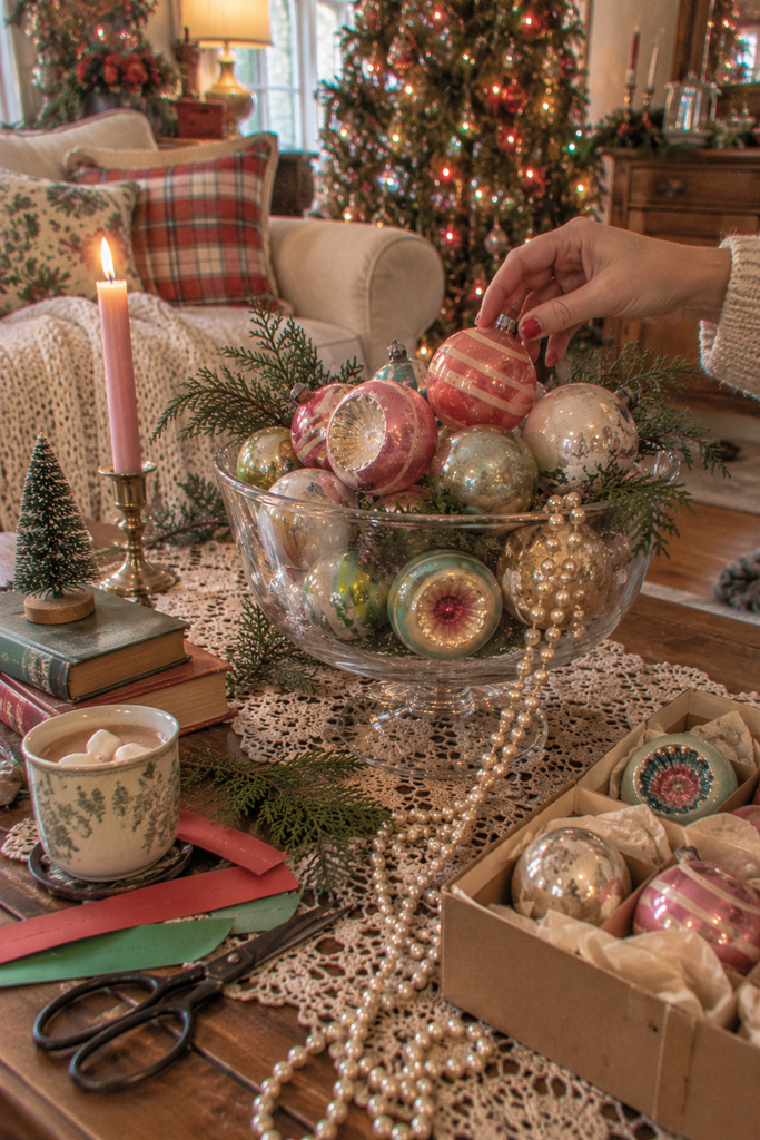 Vintage Shiny Brite glass Christmas ornaments in a clear bowl with pastel colors and greenery on a festive coffee table