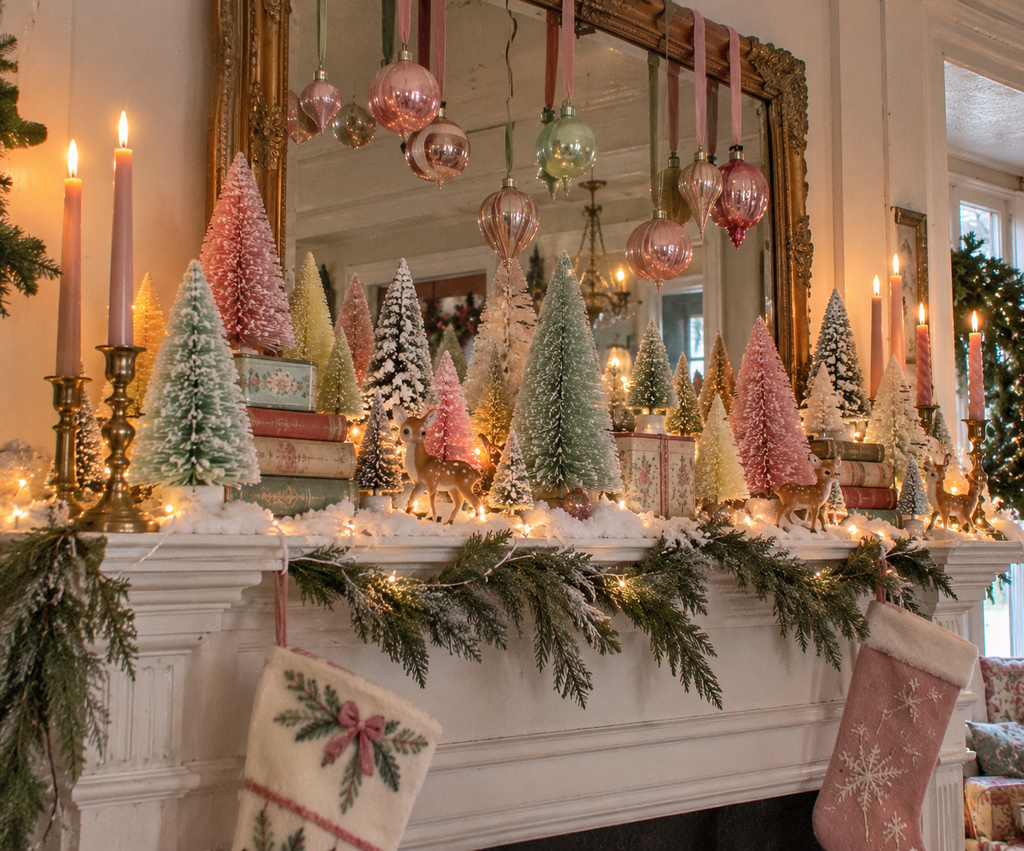 Pastel bottle brush Christmas trees arranged across a mantel with miniature deer, vintage ornaments, and brass candlesticks